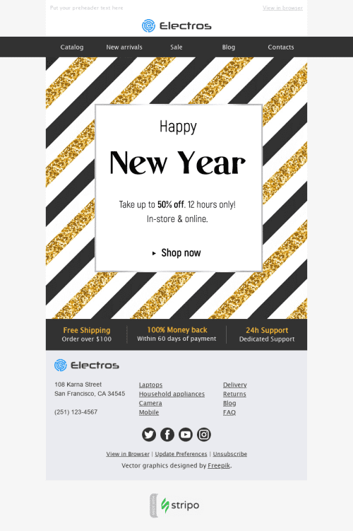 New Year Email Template "Gold and Black" for Gadgets industry desktop view