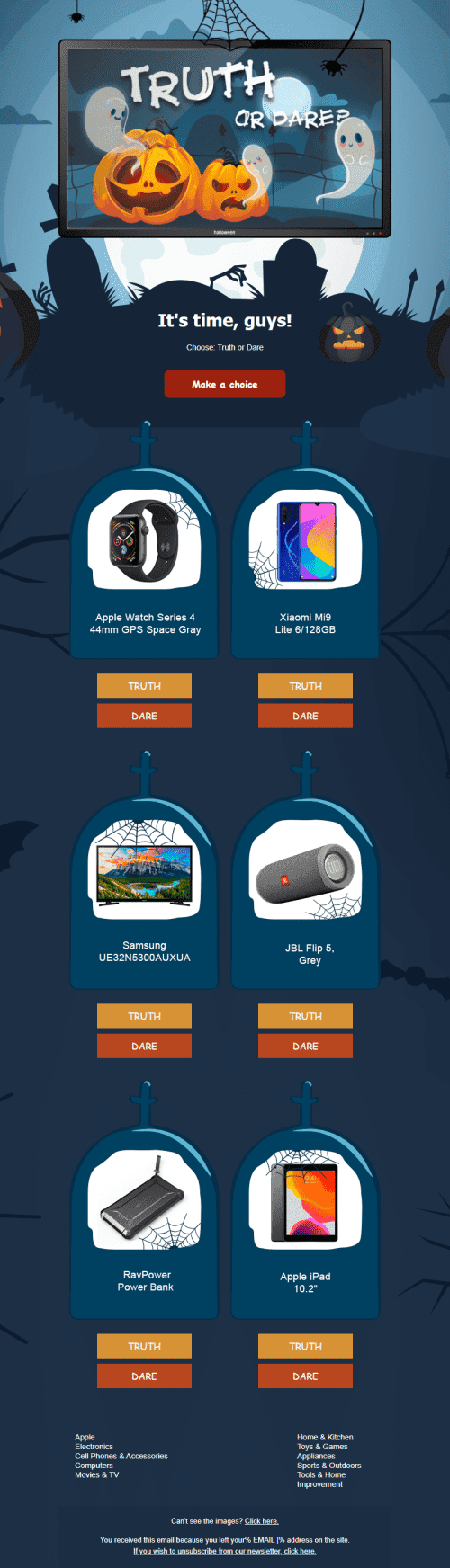 Halloween Email Template «Make Your Choice: Truth Or Action!» for Gadgets industry desktop view