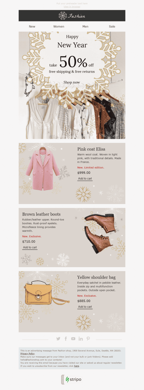 New Year Email Template "Snow Queen" for Fashion industry desktop view