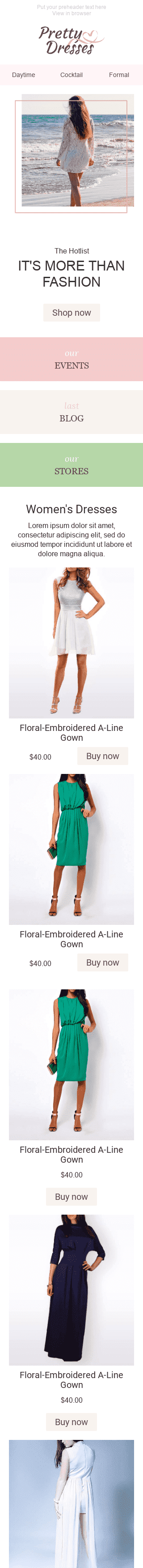 Plantilla de correo electrónico "Vestidos bonitos" de Promoción para la industria de Moda Vista de móvil