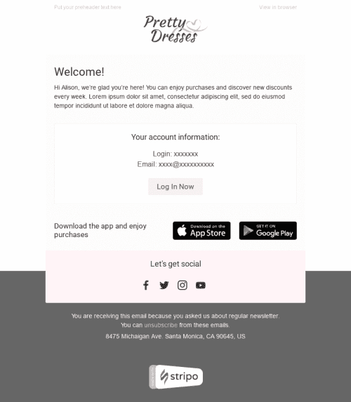 Welcome Email Template "Account Information" for Fashion industry desktop view