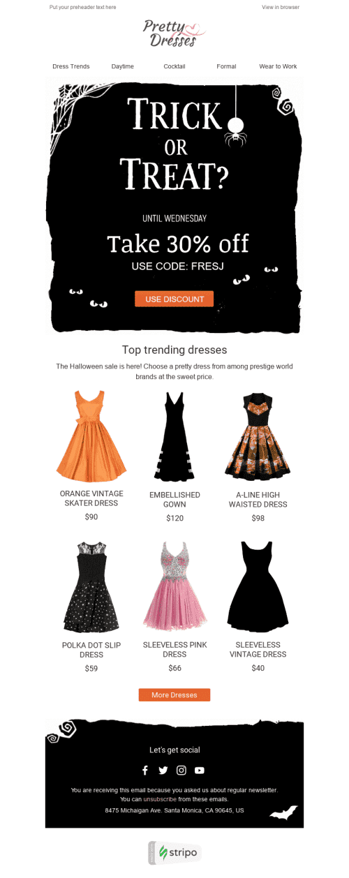Plantilla de correo electrónico "Date un capricho" de Halloween para la industria de Moda Vista de móvil