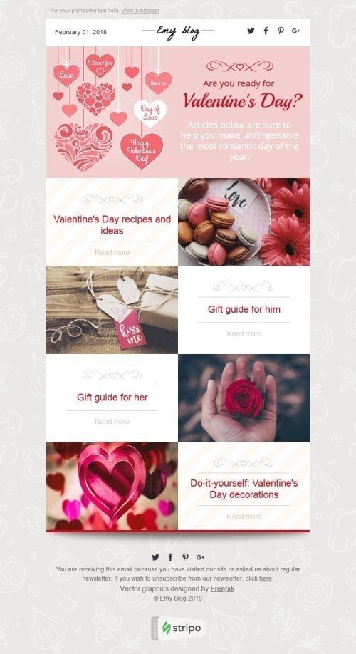 Modèle de courrier électronique Saint Valentin "Le guide des romantiques" pour le secteur Publications & Blogging Affichage ordinateur