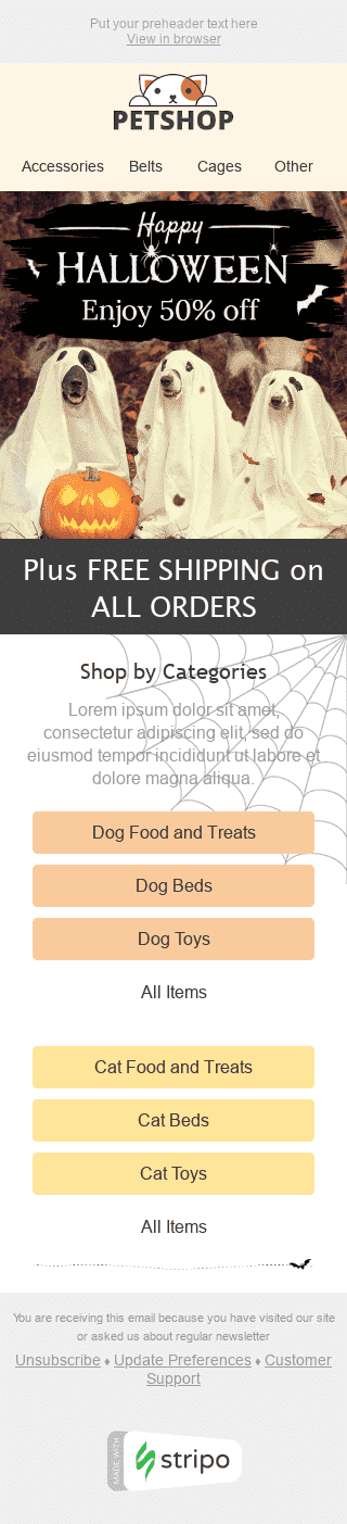 Modelo de E-mail de «Fantasmas Bons» de Halloween para a indústria de Animais de estimação Visualização de dispositivo móvel