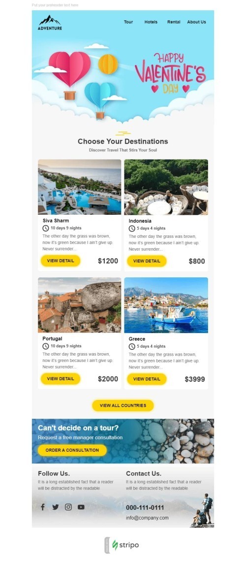 Valentine’s Day Email Template «Romantic trip» for Tourism industry desktop view