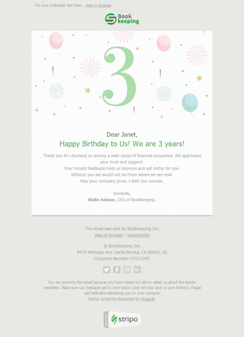Thank You Email Template "3 Years Together" for Finance industry mobile view