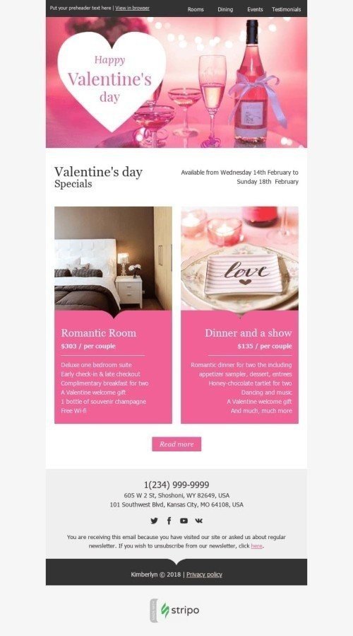Modelo de E-mail de «Fim de Semana Romântico» de Dia dos Namorados para a indústria de Hotéis Visualização de dispositivo móvel