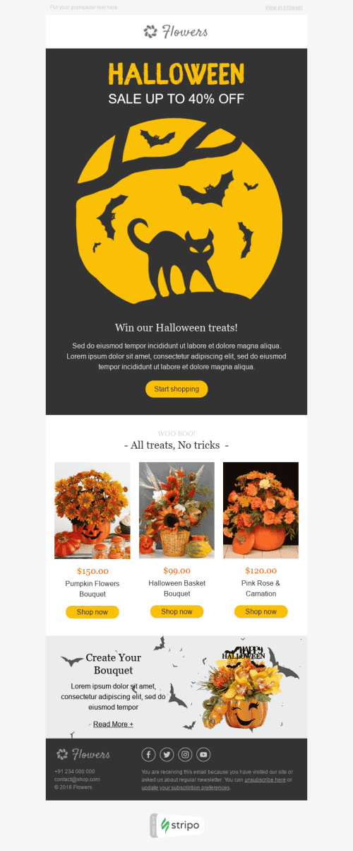 Modelo de E-mail de «Encanto de Outono» de Halloween para a indústria de Presentes e Flores Visualização de dispositivo móvel