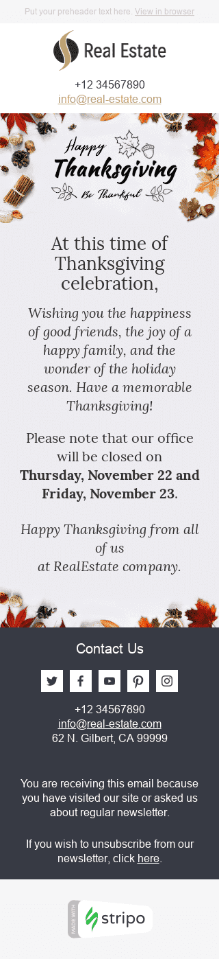 Thanksgiving Day Email Template "Wonderful Time" for Real Estate industry mobile view
