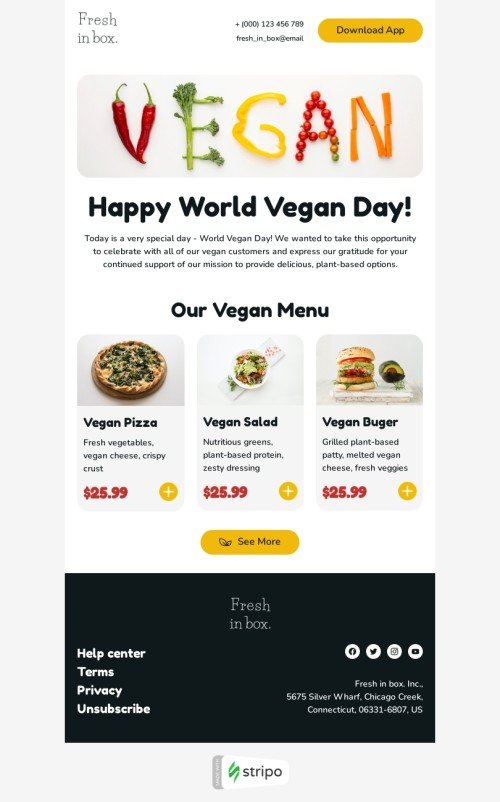 World Vegan Day email template "Our vegan menu" for food industry mobile view