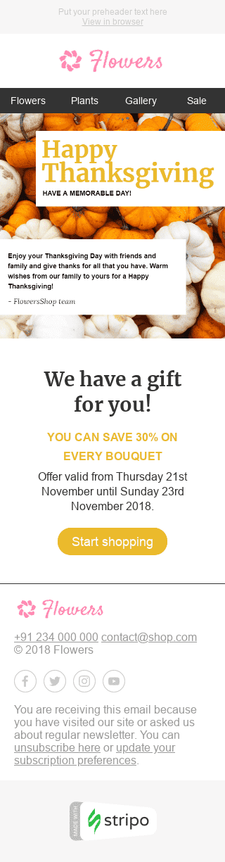 Thanksgiving Day Email Template "Memorable Day" for Gifts & Flowers industry mobile view