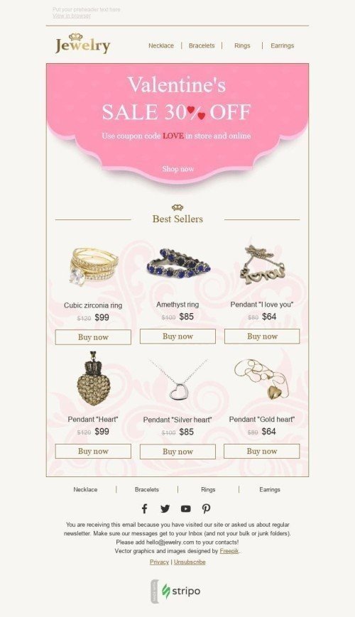 Valentine’s Day Email Template "Brilliant Gift" for Jewelry industry desktop view