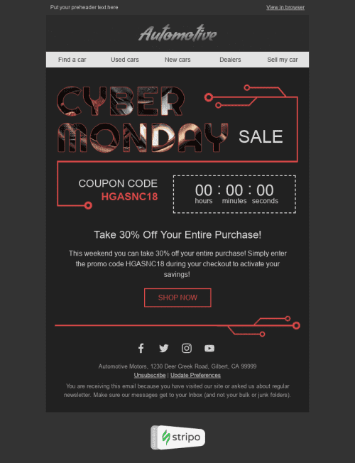 Cyber Monday Email Template "Super Sale" for Auto & Moto industry desktop view