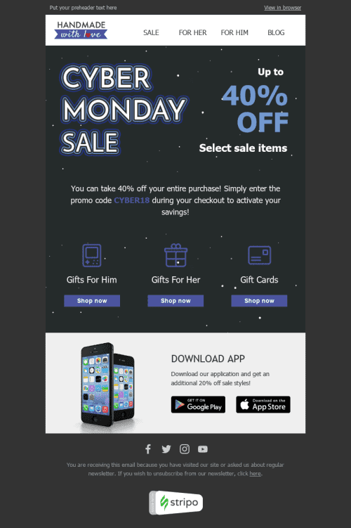 Cyber Monday Email Template "Interesting Gifts" for Books & Presents & Stationery industry mobile view