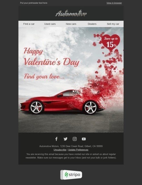 Modello Email San Valentino "Trova il tuo amore" per il settore industriale di Auto e moto Visualizzazione mobile