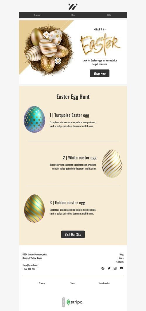Plantilla de correo electrónico «Búsqueda de huevos de Pascua» de Semana Santa para la industria de moda Vista de escritorio