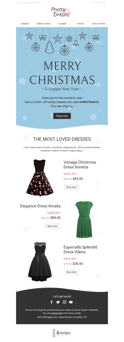 Christmas Email Template "Snowfall" for Fashion industry mobile view