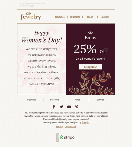 Modelo de E-mail de «Belas Palavras» de Dia da Mulher para a indústria de Joalheria Visualização de dispositivo móvel