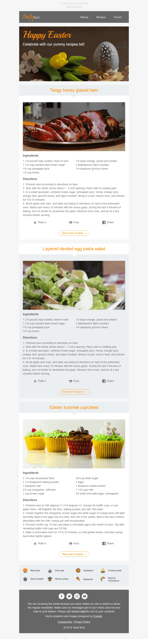 Plantilla de correo electrónico "Las mejores recetas" de Semana Santa para la industria de Gastronomía Vista de escritorio