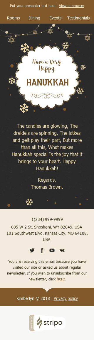 Шаблон письма к празднику Ханука "Счастье и радость" для индустрии "Отели и Гостиницы" мобильный вид