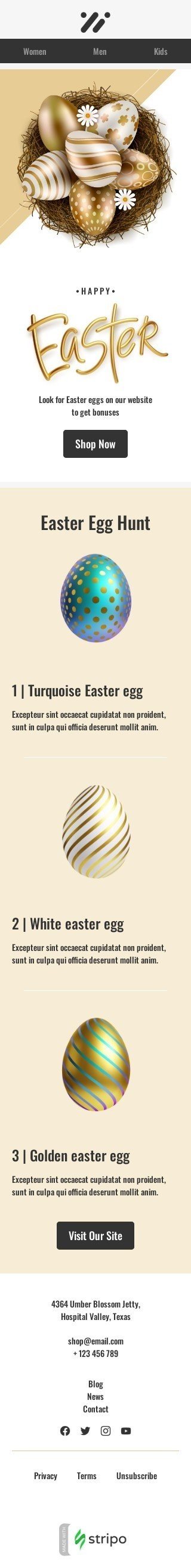 Modello email Pasqua «Caccia all'uovo di Pasqua» per il settore industriale di moda Visualizzazione mobile