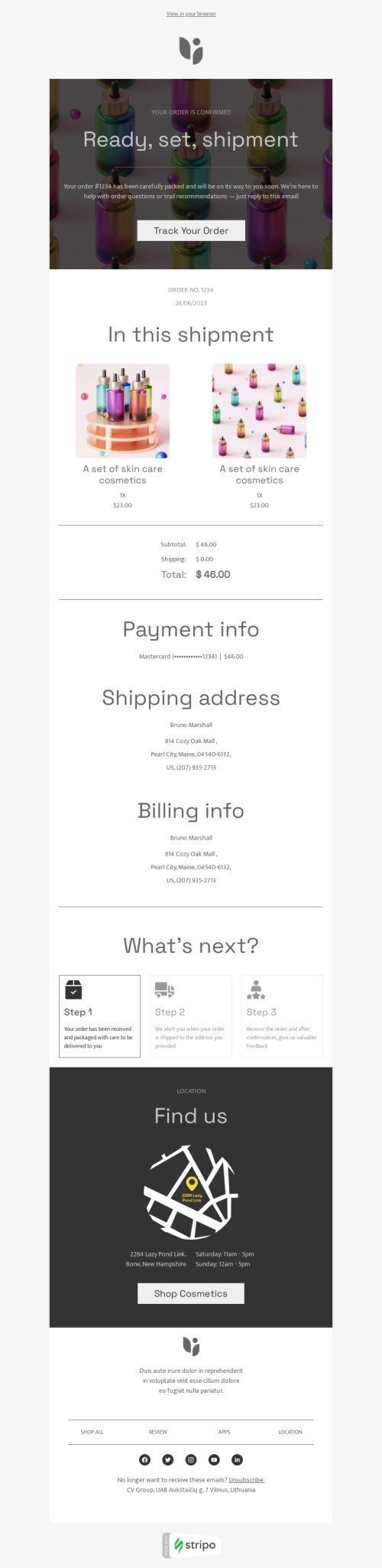 Order confirmation email template "Ready, set, shipped" for beauty & personal care industry mobile view