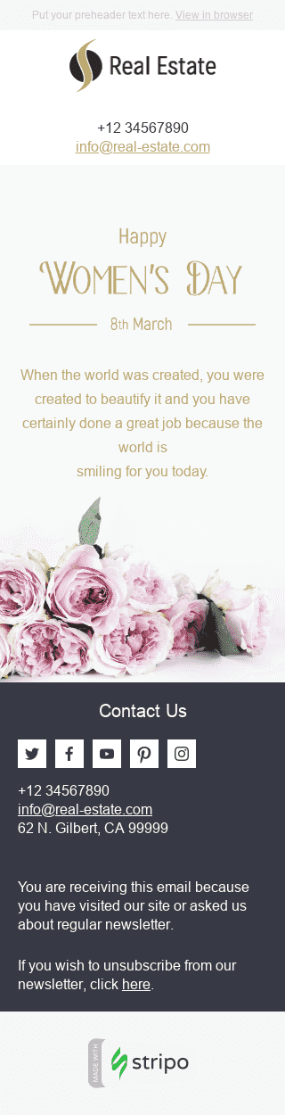 Women's Day Email Template "Gentle Roses" for Real Estate industry mobile view