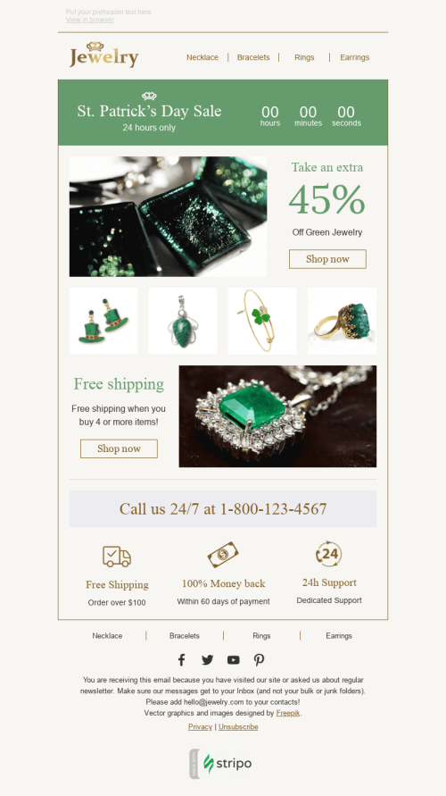 St. Patrick’s Day Email Template "Lucky Hours" for Jewelry industry mobile view
