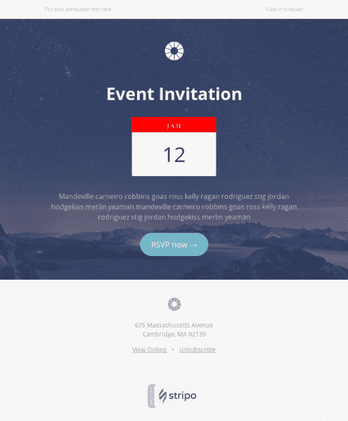 Modèle de courrier électronique Invitation "Nouvel événement" pour le secteur Logiciels & Technologie Affichage mobile