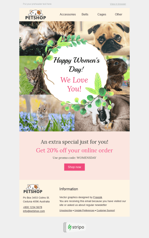 Modelo de E-mail de «Amor e Lealdade» de Dia da Mulher para a indústria de Animais de estimação Visualização de desktop