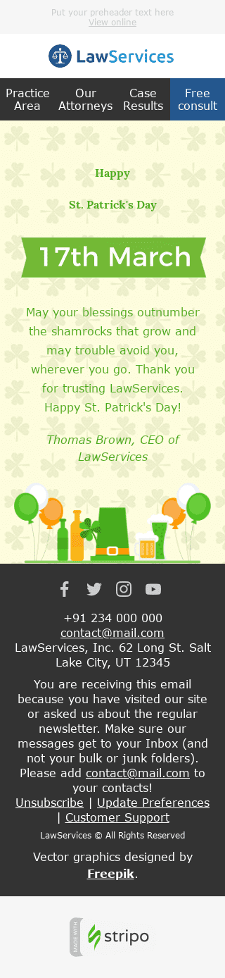 St. Patrick‘s Day E-Mail-Vorlage "Glückwünsche" für Rechtsberatung-Branche Ansicht auf Mobilgeräten