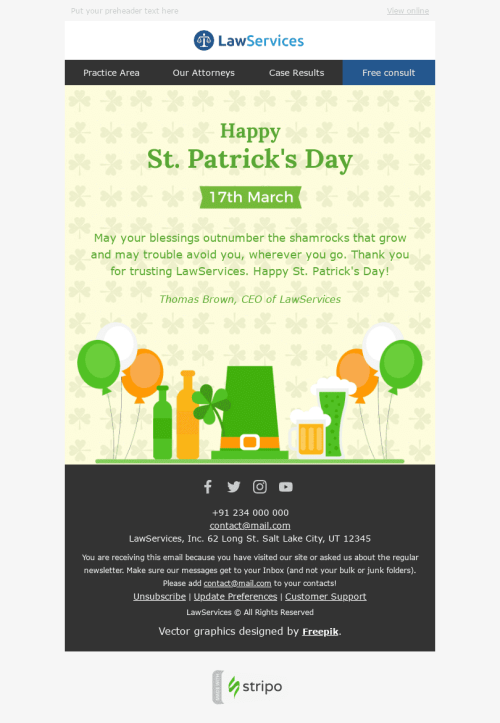St. Patrick‘s Day E-Mail-Vorlage "Glückwünsche" für Rechtsberatung-Branche Desktop-Ansicht