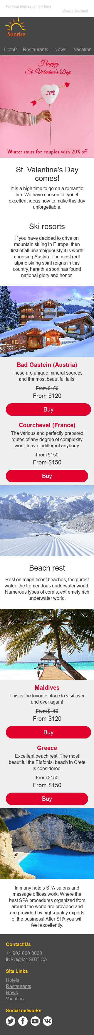 Modello Email San Valentino "Avventura invernale" per il settore industriale di Turismo Visualizzazione mobile