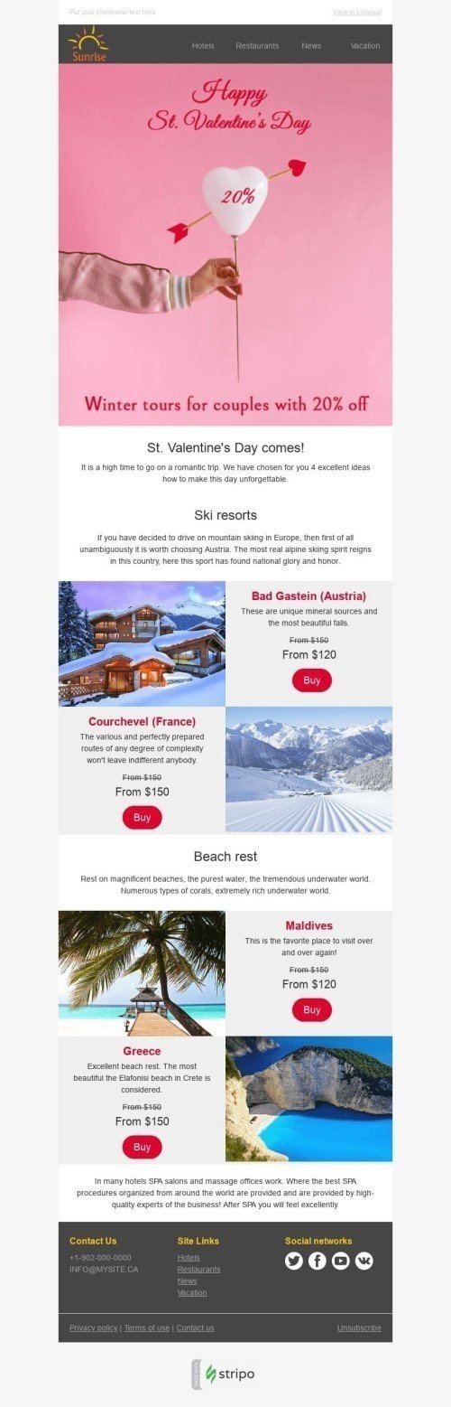 Valentine’s Day Email Template "Winter Adventure" for Tourism industry mobile view