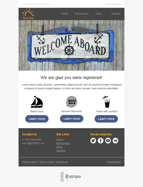 Modello Email Benvenuto "Viaggia con noi" per il settore industriale di Turismo Visualizzazione desktop