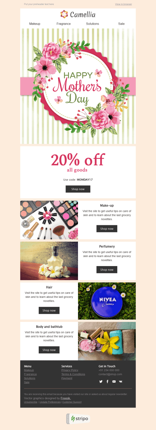 Modèle de courrier électronique Fête des Mères "Tendresse pour les cosmétiques" pour le secteur Beauté & Soins Affichage mobile