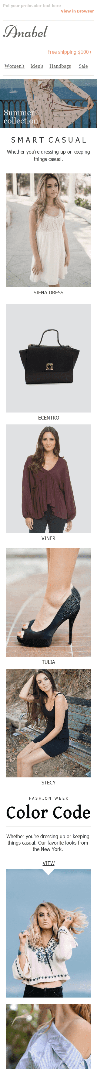 Werbung E-Mail-Vorlage "Helle Farben" für Mode-Branche Ansicht auf Mobilgeräten
