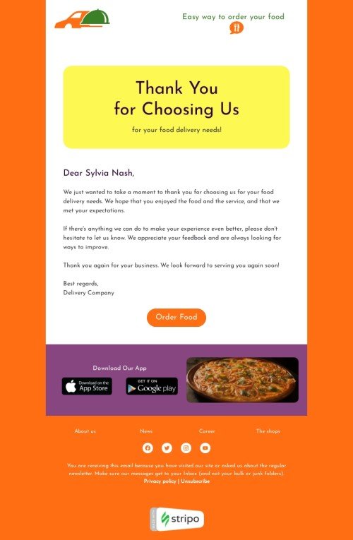 Modèle de en-tête de l'e-mail «Merci de nous avoir choisi» pour le secteur nourriture Affichage mobile