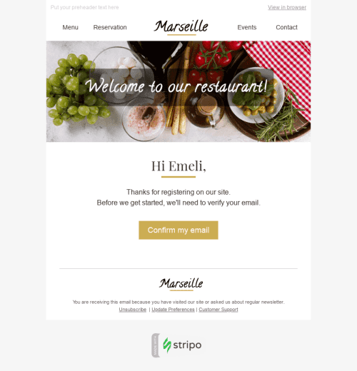 Welcome Email Template "New Acquaintance" for Restaurants industry desktop view