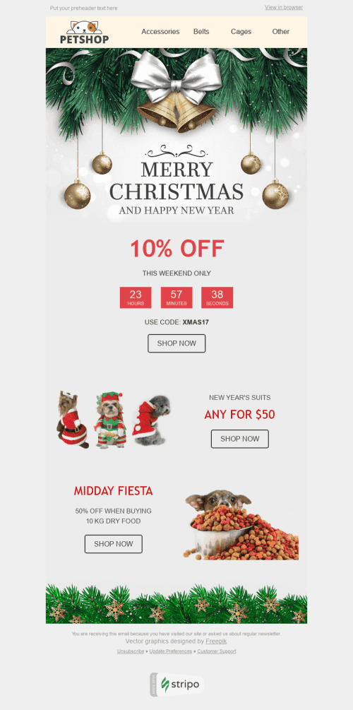 Modelo de E-mail de «Espírito de Festas» de Natal para a indústria de Animais de estimação Visualização de dispositivo móvel