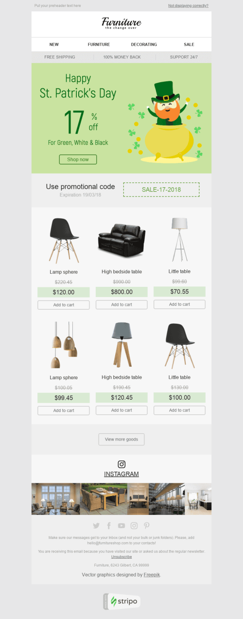 St. Patrick‘s Day E-Mail-Vorlage "Erfolgreicher Ausverkauf" für Möbel, Innenausstattung & DIY-Branche Desktop-Ansicht