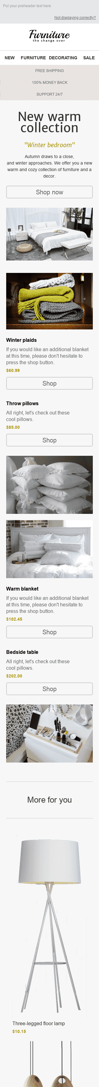 Plantilla de correo electrónico "Dormitorio cálido" de Nueva colección para la industria de Muebles, interior y bricolaje Vista de móvil