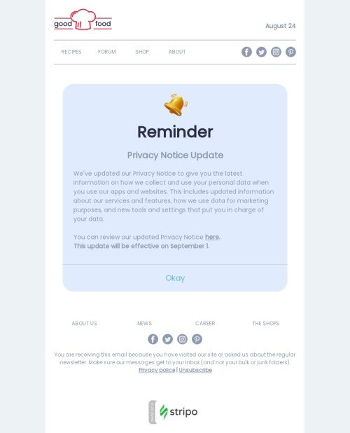 Email header template "Privacy notice update" for publications & blogging industry desktop view