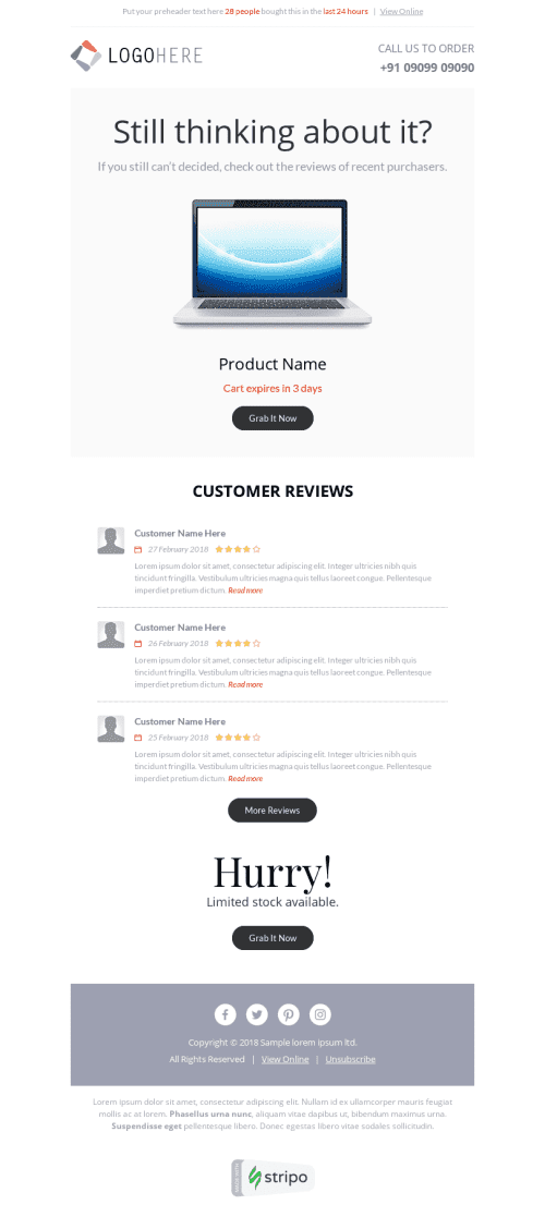 Abandoned Cart Email Template "Customer Reviews" for Gadgets industry desktop view