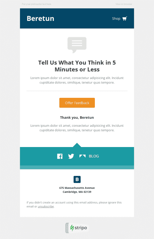 Survey & Feedback Email Template "5 Minutes" for Fashion industry desktop view