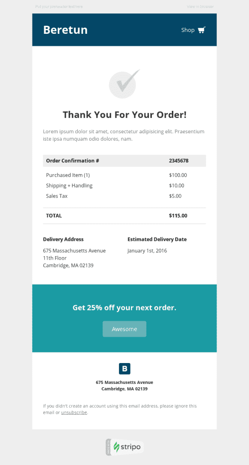 Confirmation Email Template "Purchased Item" for Fashion industry mobile view