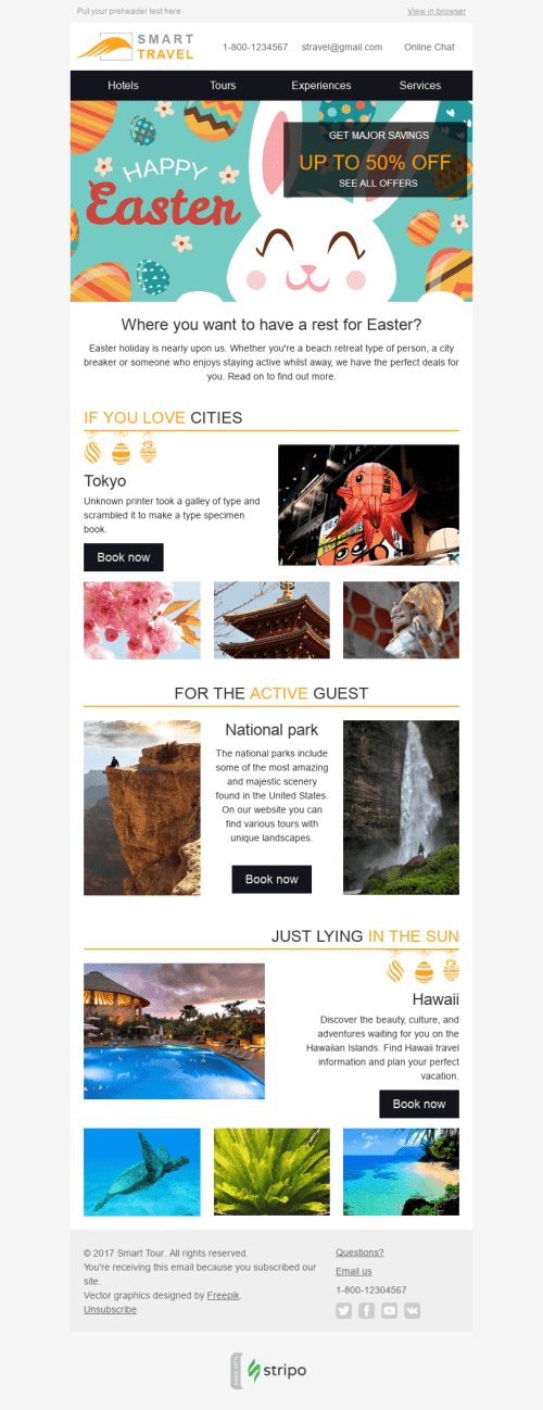 Easter Email Template "Our Recommendations" for Tourism industry desktop view