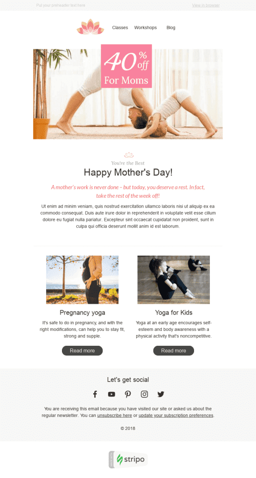 Plantilla de correo electrónico "Belleza y salud" de Día de la Madre para la industria de Deportes Vista de escritorio
