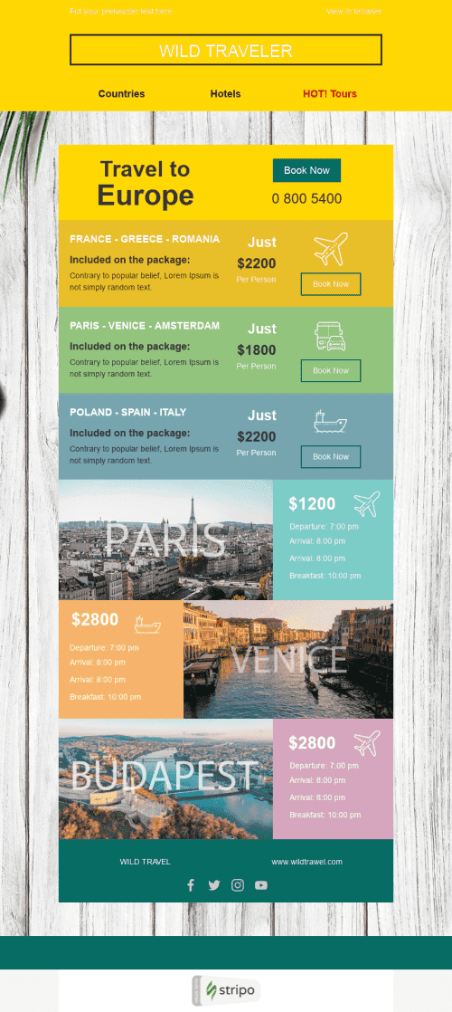 Modello Email Promo «Viaggiatore selvaggio» per il settore industriale di Turismo Visualizzazione desktop