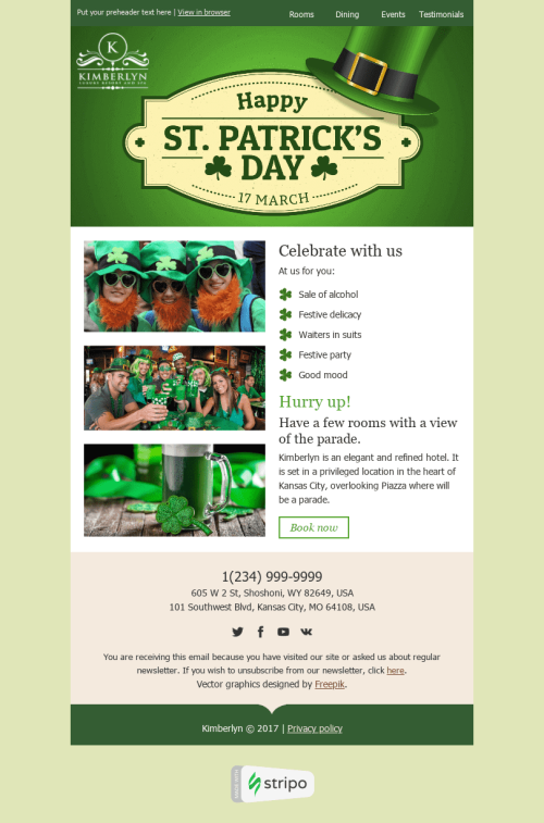 St. Patrick‘s Day E-Mail-Vorlage "Feiern Sie mit uns" für Hotels-Branche Desktop-Ansicht